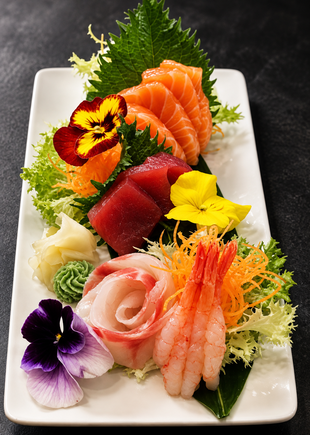 Selecție de sashimi cu somon, ton, pește alb și creveți pe platou